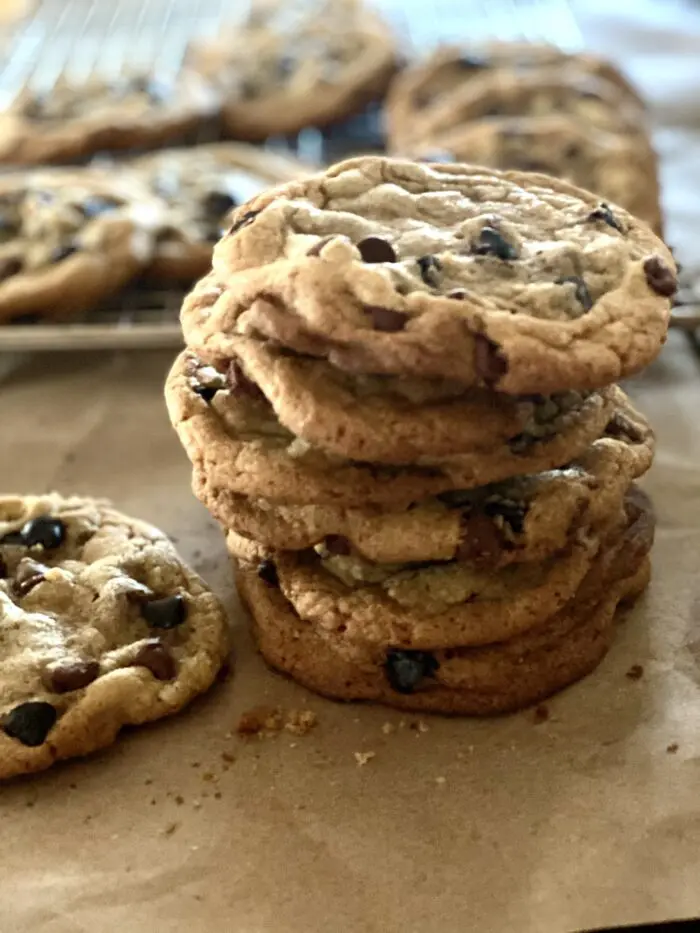 Stack of chocolata chip cookies with brown butter