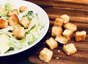 easy homemade croutons ith bowl of salad