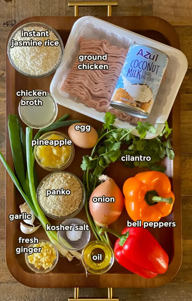 Ingredients to make one pot chicken meatballs with jasmine rice