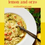 chicken rzo soup with spoon and text overlay