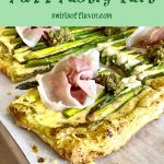 serving piece of asparagus tart with text overlay