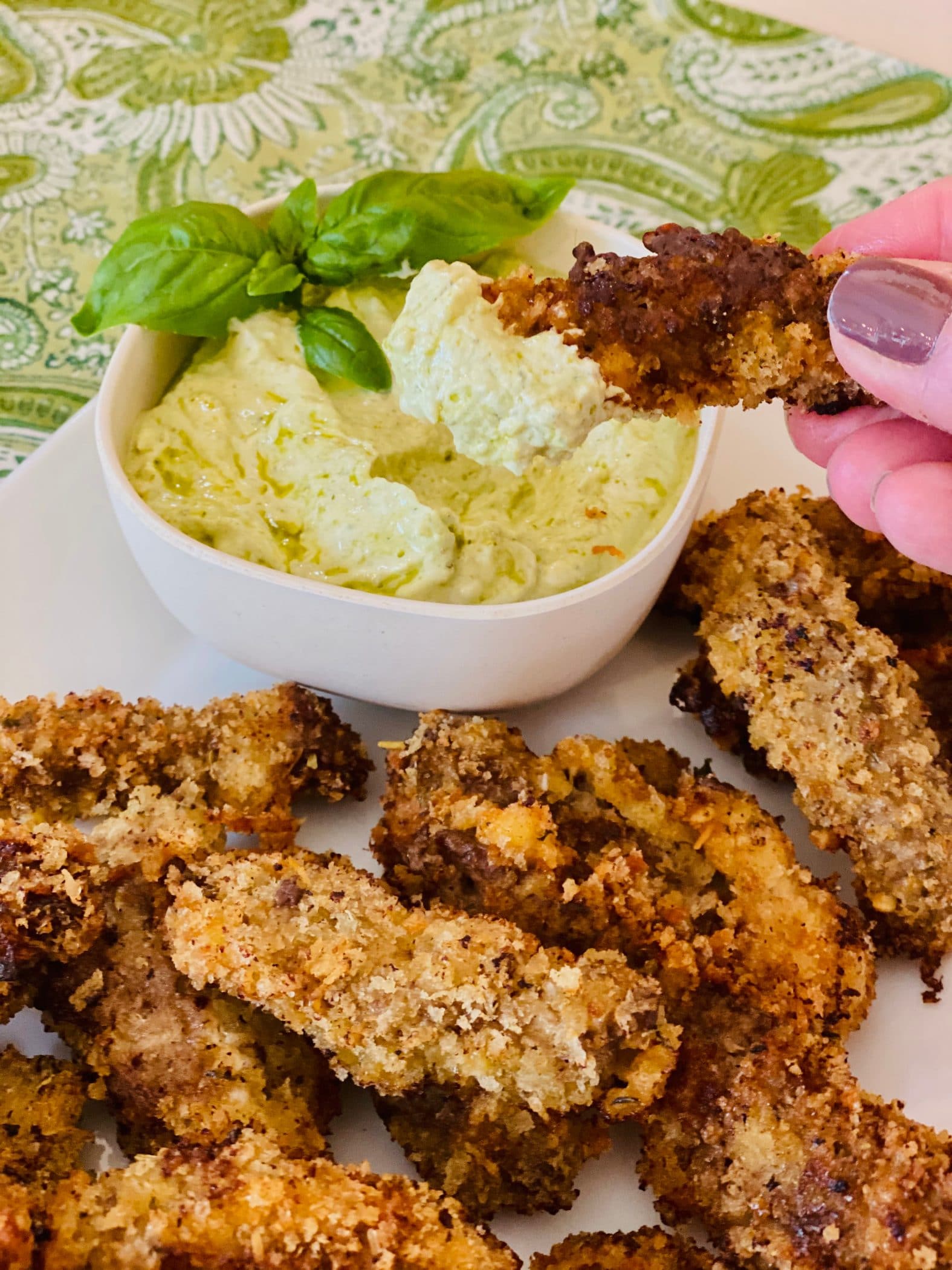 Parmesan Finger Steaks With Pesto Dipping Sauce - Swirls of Flavor