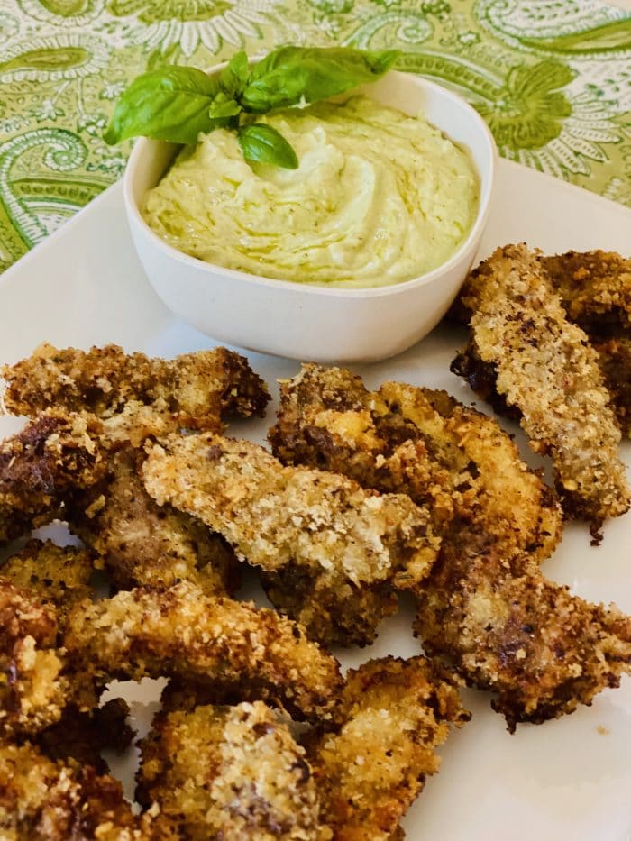 breaded finger steaks with pesto dipping sauce