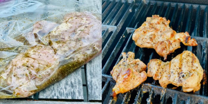 Chicken marinating in a food storage bag and chicken cooking on the grill.