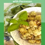 air fryer cauliflower in white dish with text overlay