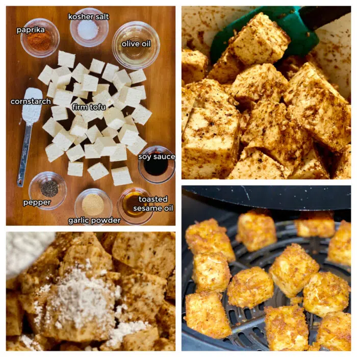 collage of steps to make air fryer tofu