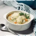 bowl of chicken and dumplings with text overlay
