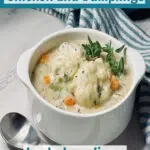 chicken and dumplings in white bowl with spoon and text overlay