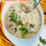 bowl of cream of chicken soup with spoon and text overlay