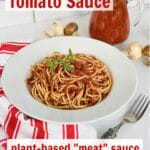 bowl of spaghetti with mushroom sauce and text overlay