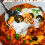 chicken enchilada casserole in bowl and spoonful with text overlay