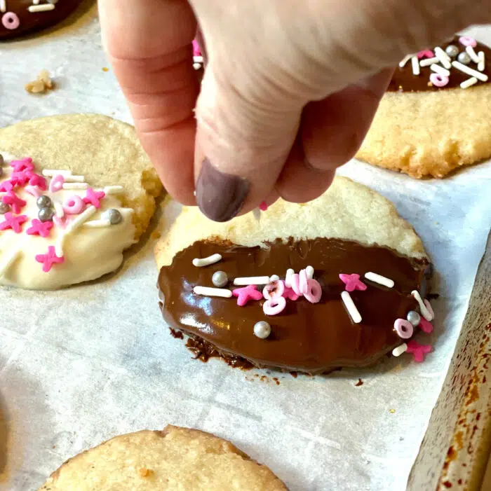 chocolate dipped cookie with sprinkles