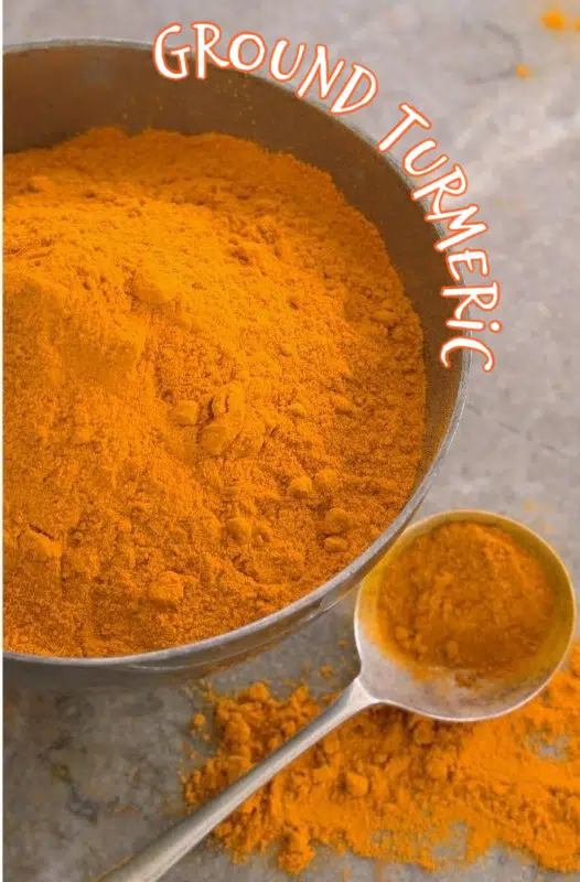 ground turmeric in bowl and on a spoon