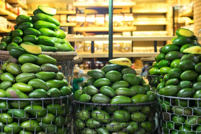 avoccados in baskets at the market