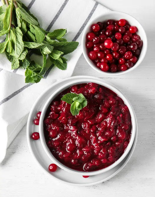 cranberry sauce with bowl of fresh cranberries