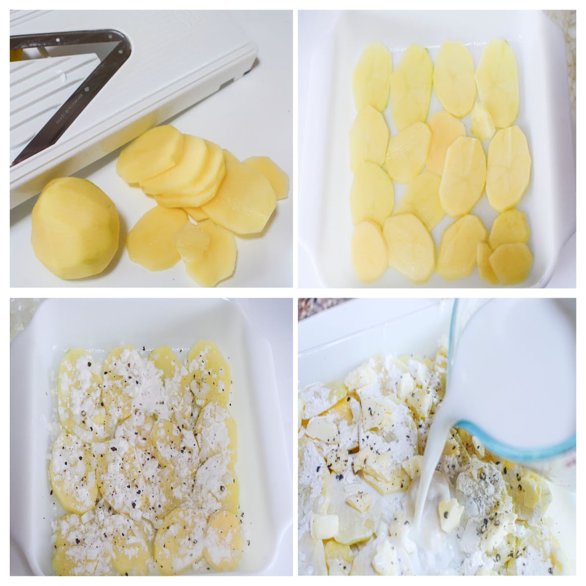 collage of 4 steps to make a potato casserole