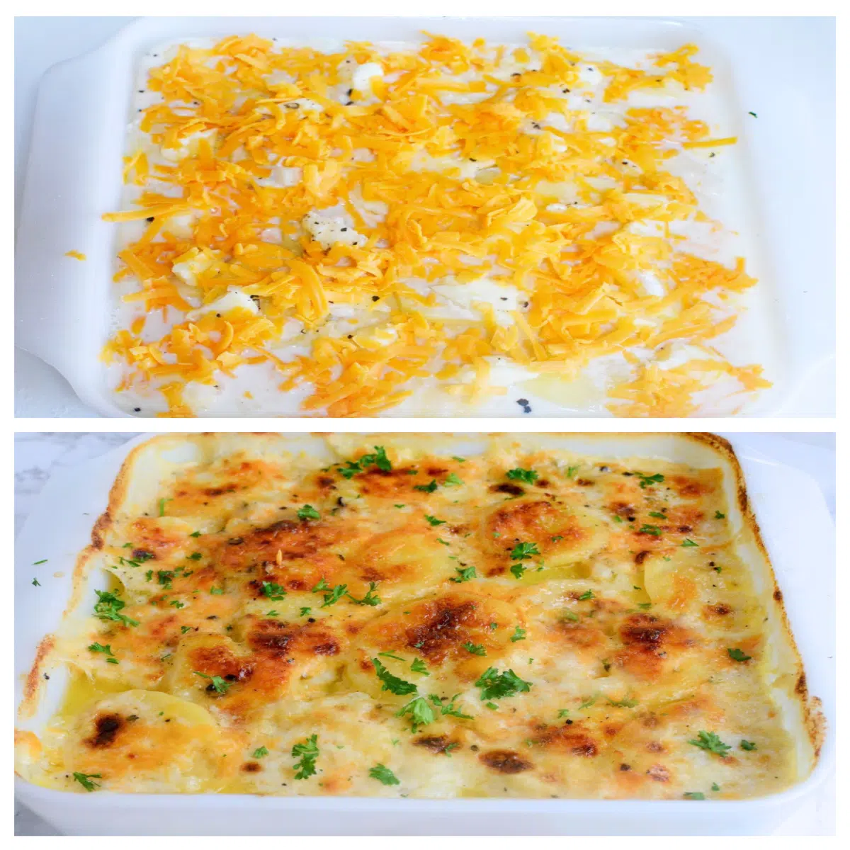 shredded cheese over potato casserole and baked casserole
