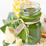 pesto in a jar with text overlay