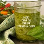 pesto vinaigrette in a jar with text overlay