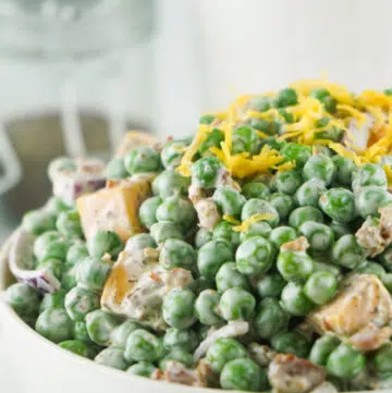 close up of old fashioned pea salad in a bowl