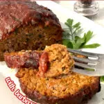 air fryer meatloaf with fork and text overlay
