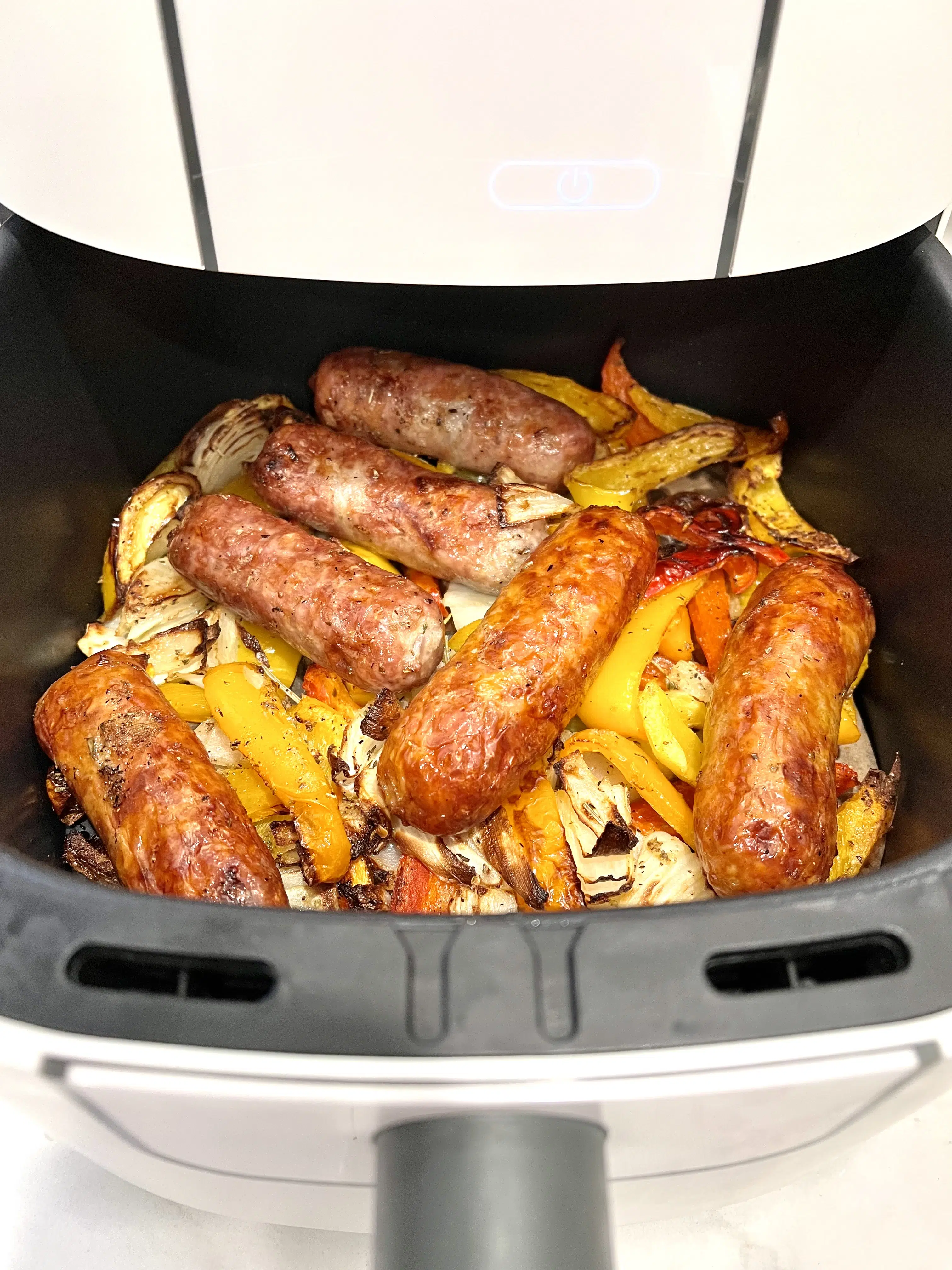 cooked sausages and peppers in the air fryer