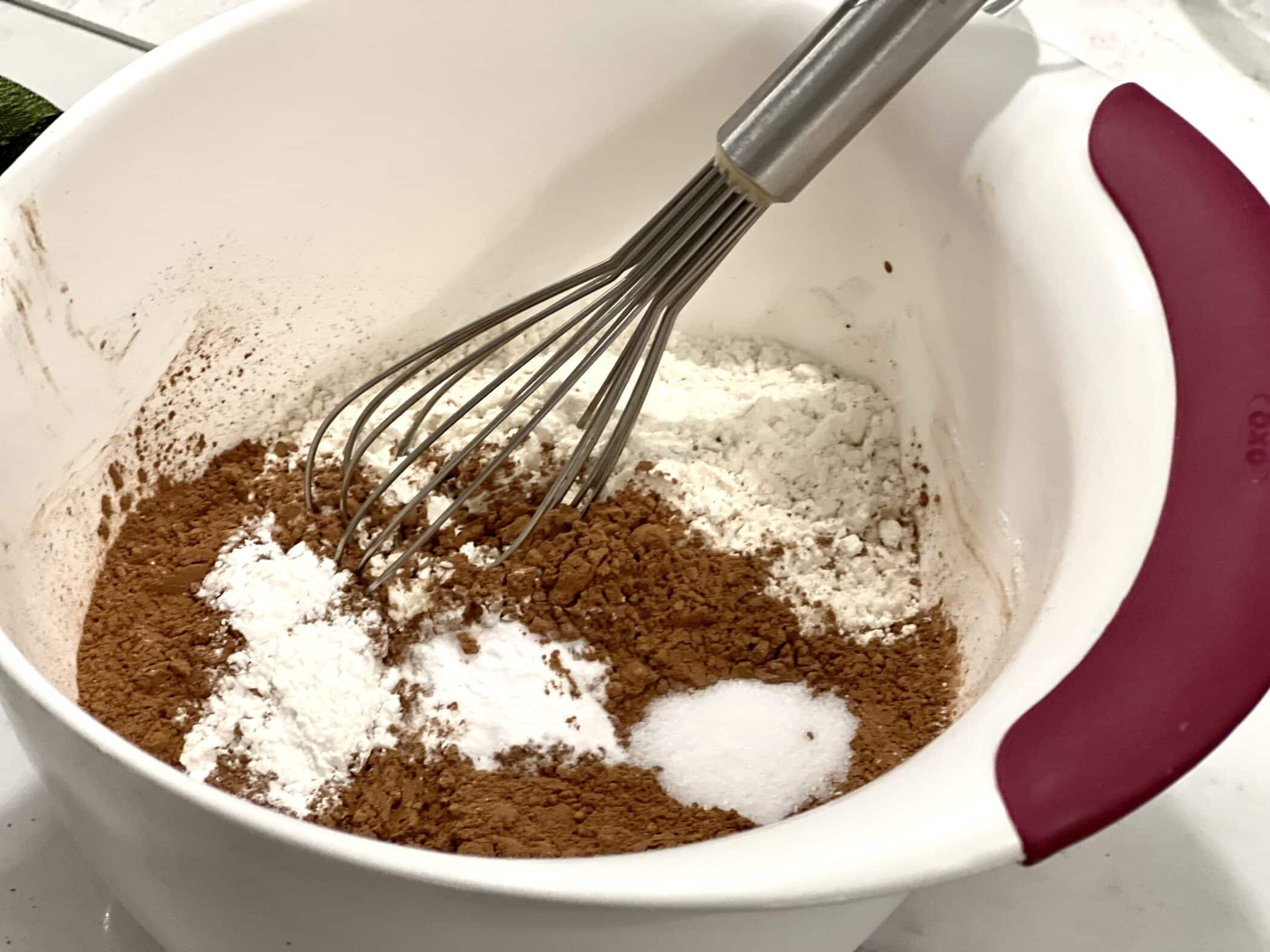 flour, cocoa powder, salt, baking powder and baking soda in a bowl