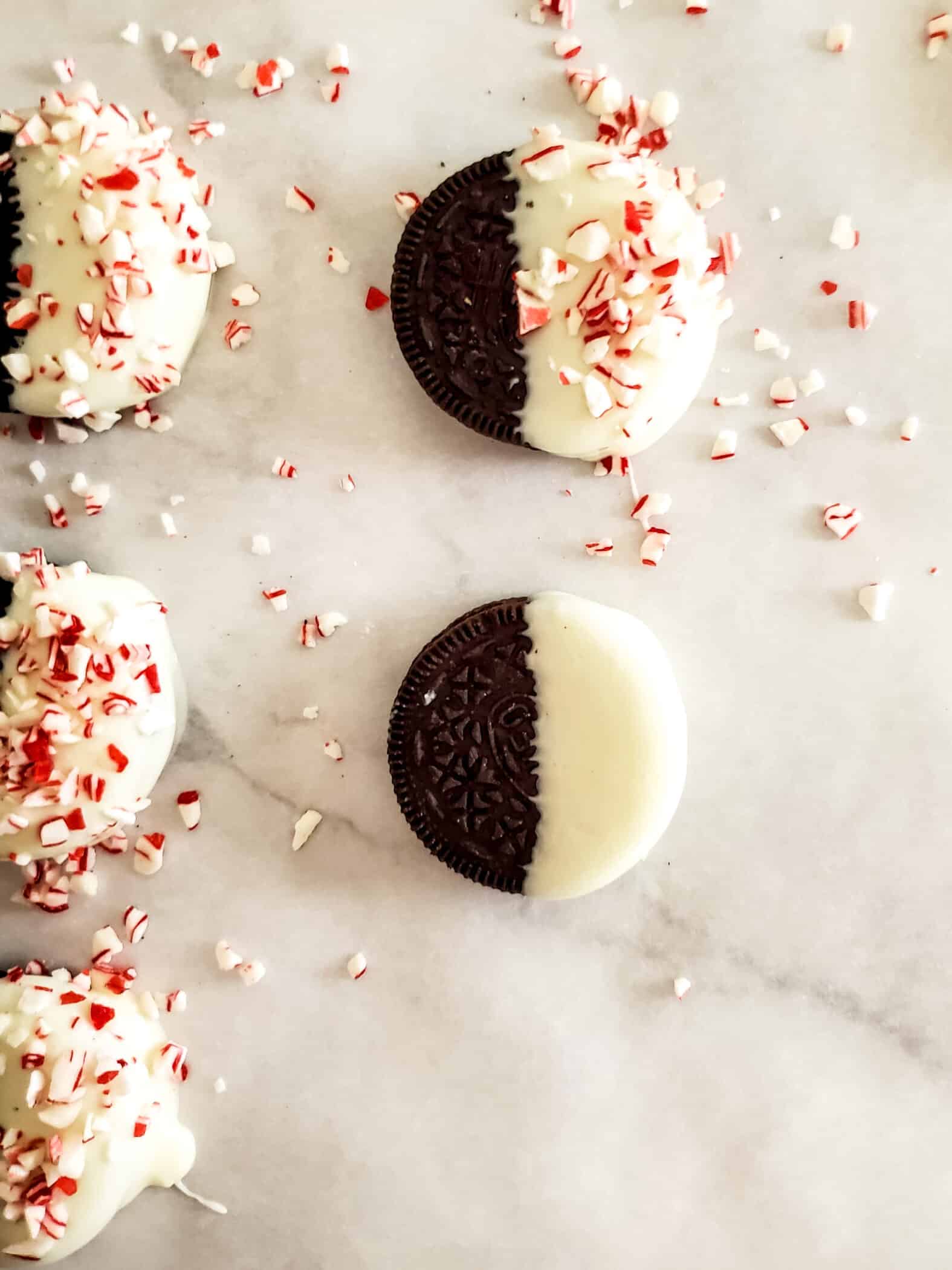 sprinkle crushed peppermint candy on oreos