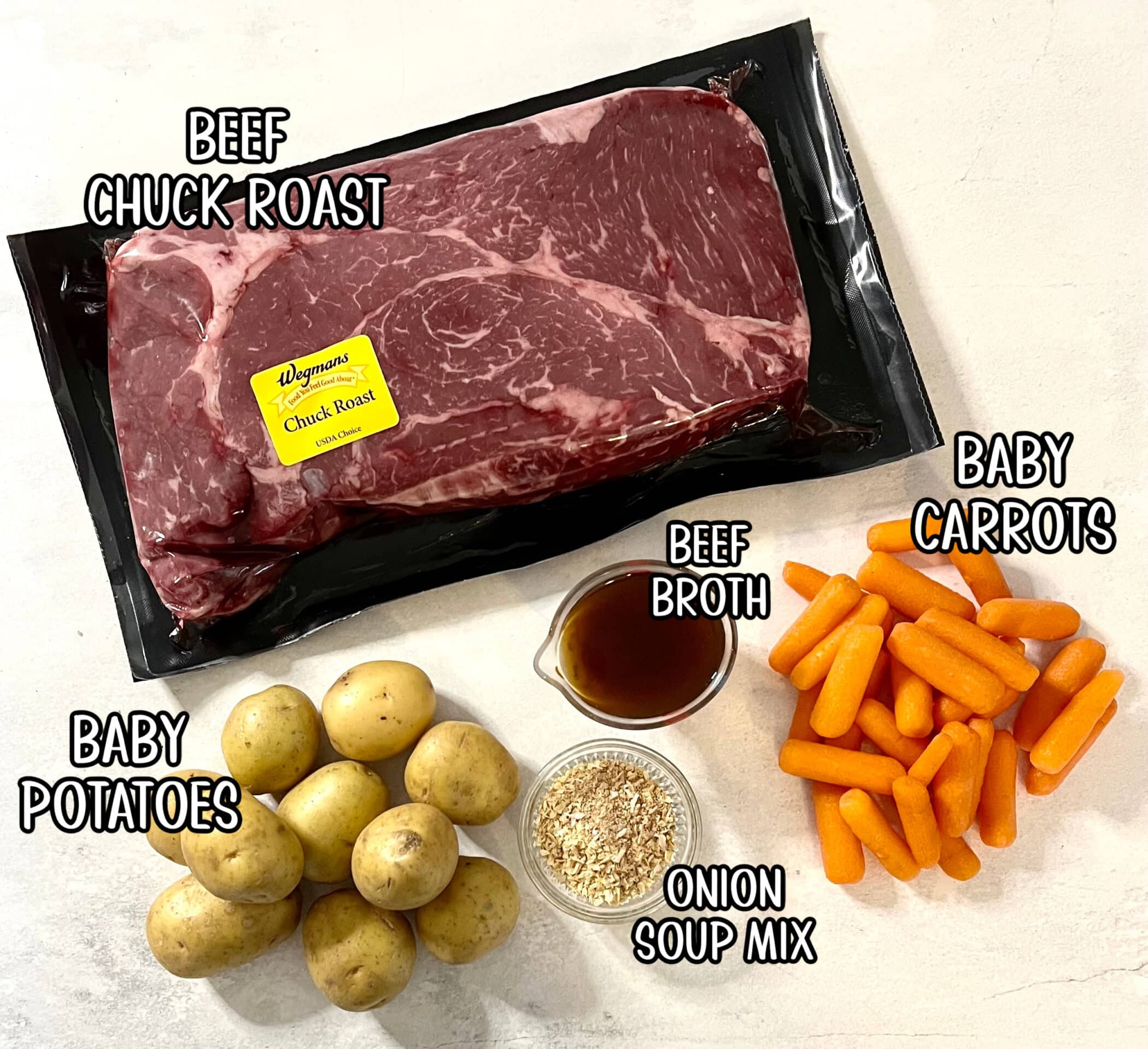 labeled ingredients for onion soup mix pot roast recipe