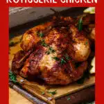 air fryer rotisserie chicken on wooden board with text overlay