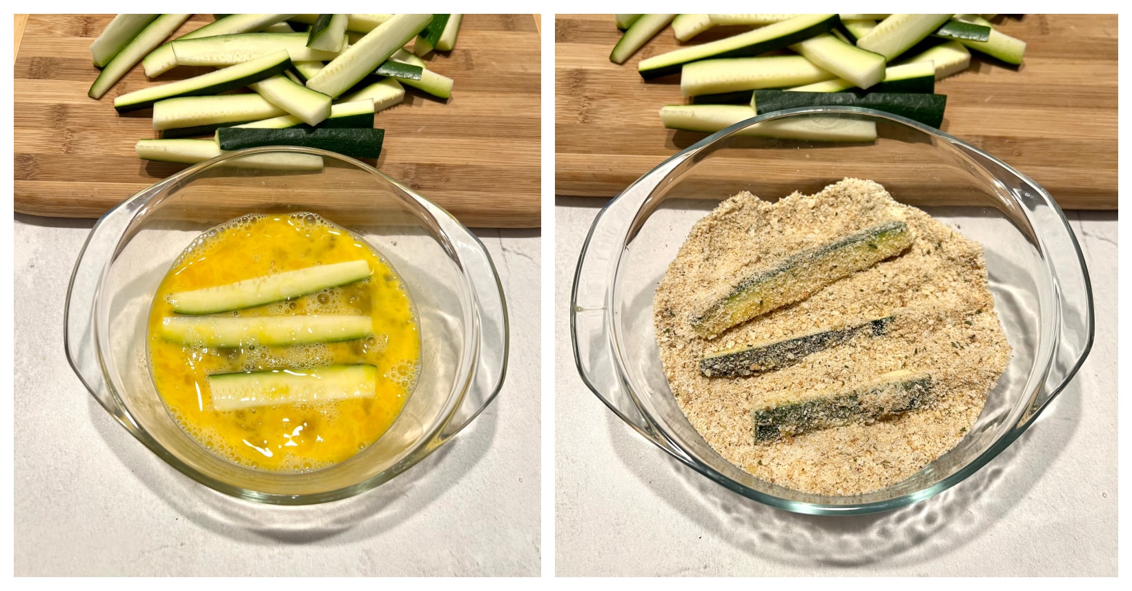 dipping zucchini in egg wash and then in breadcrumb mixture