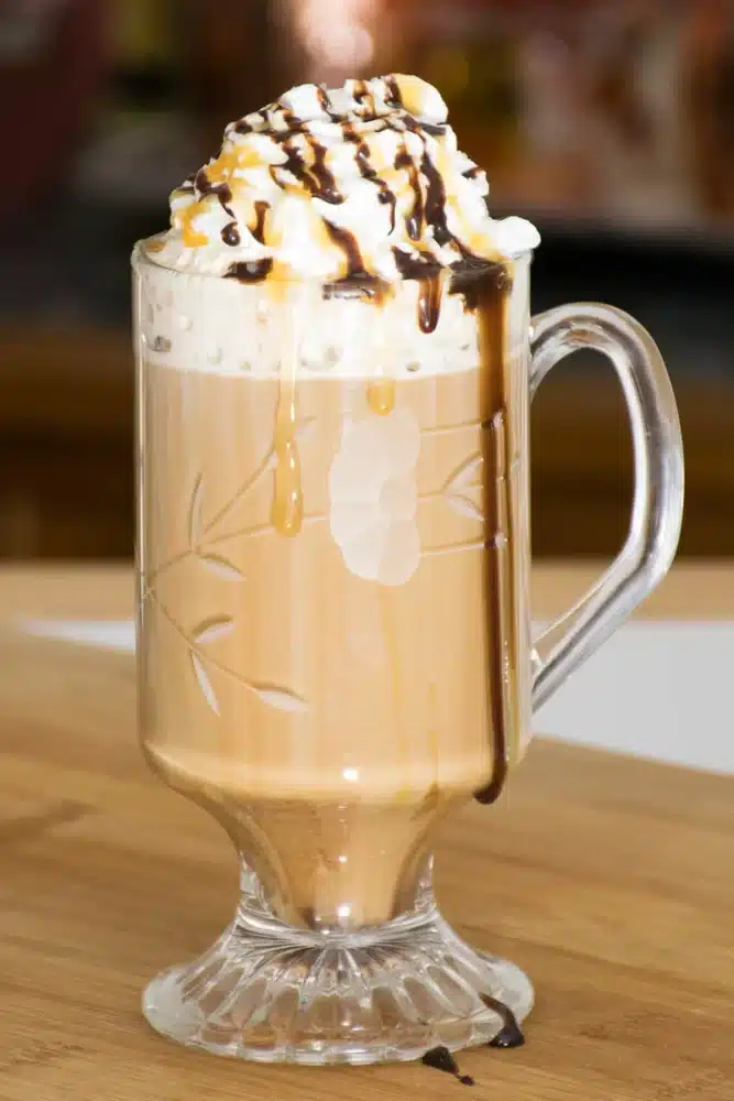 salted caramel mocha latte in a glass mug