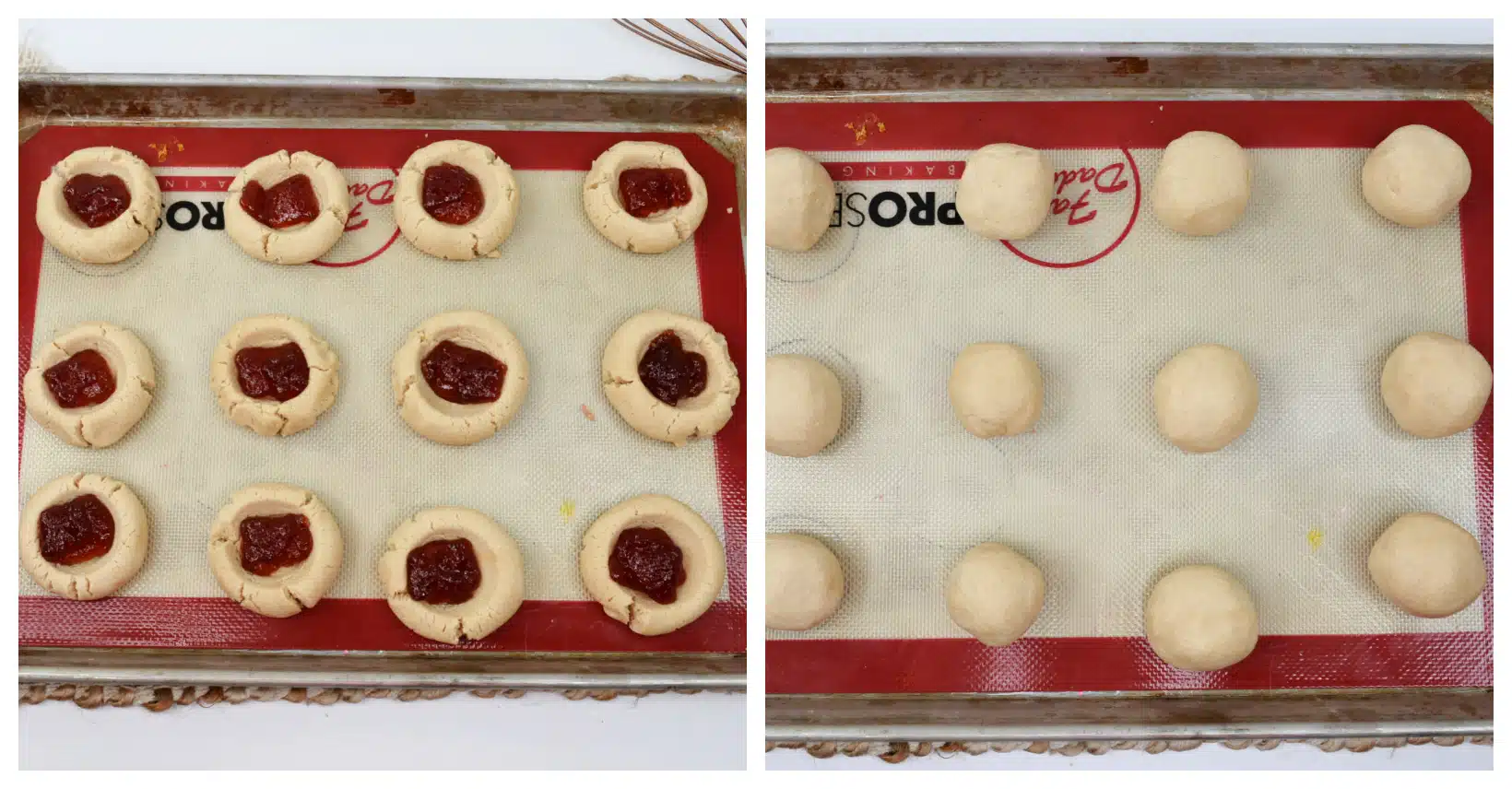 strawberry jam filling in cookie dough and cookie dough balls
