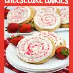 strawberry cookies with cheesecake frosting and text overlay