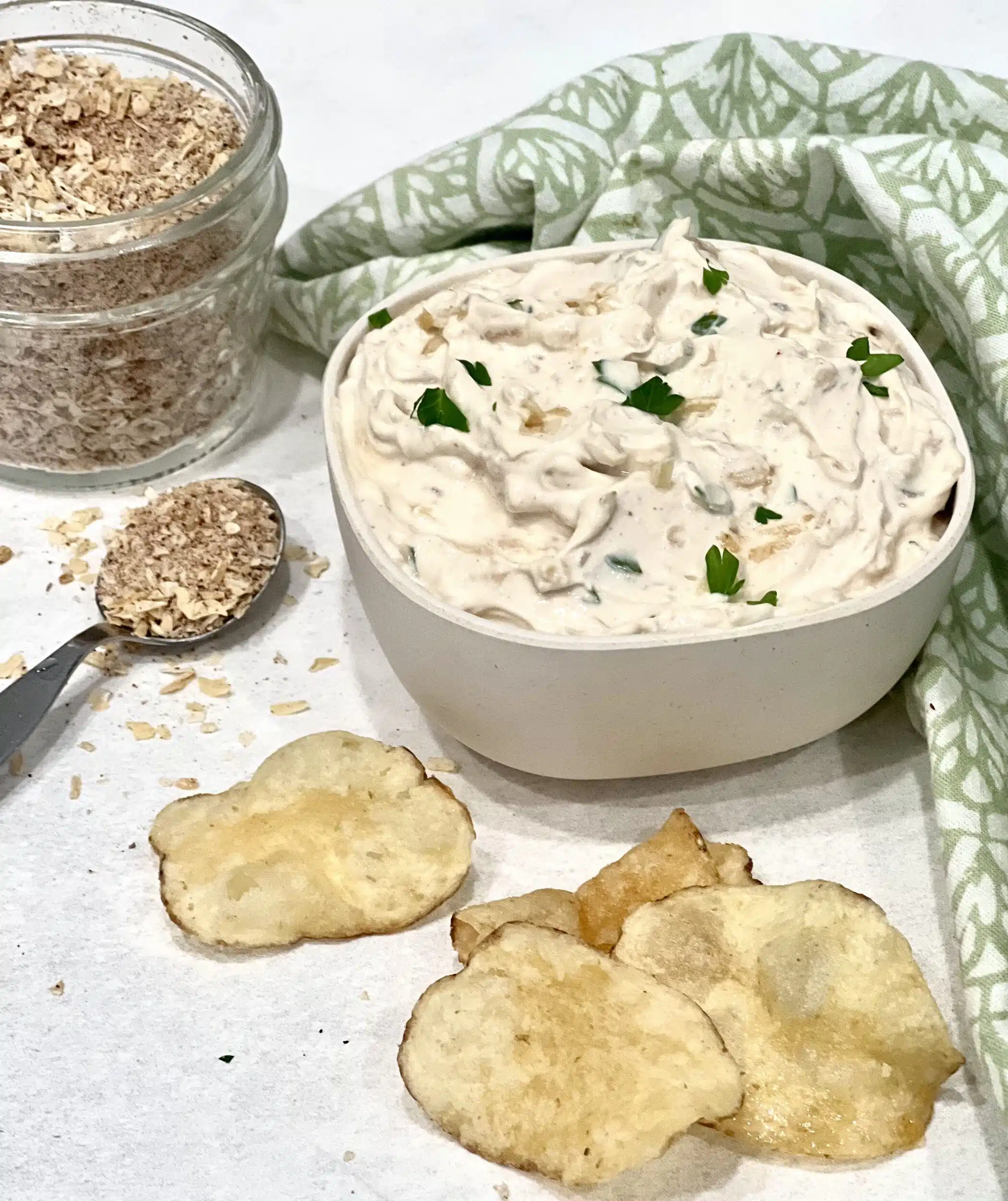 sour cream chip dip with potato chips and dry onion soup mix