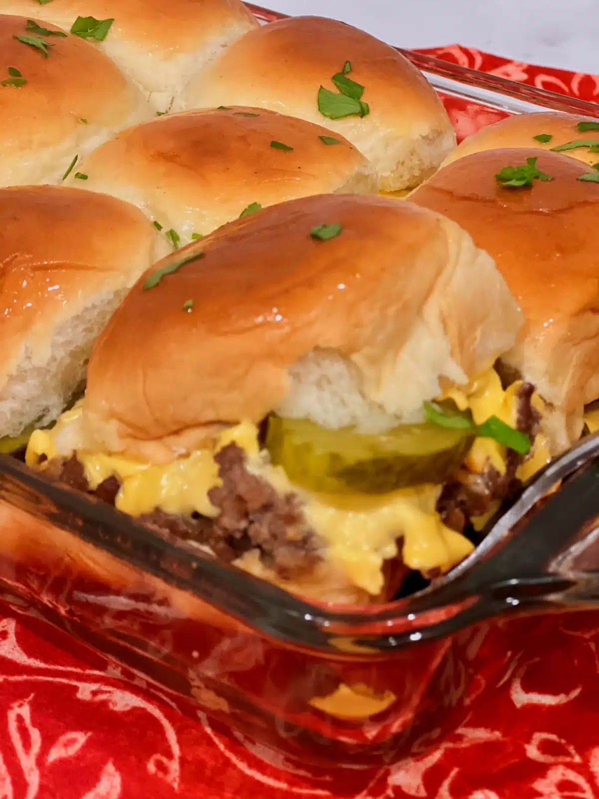 white castle casserole with ground beef, cheese and pickles
