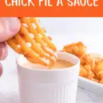 dipping a waffle fry in chick fil a sauce with text overlay