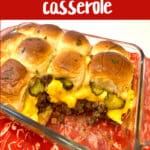 white castle casserole in a baking dish with text overlay