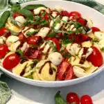 caprese ravioli i bowl with fresh basil leaves