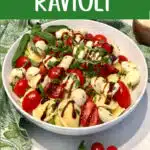 bowl of ravioli with text overlay