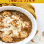 bowl of onion soup with text overaly