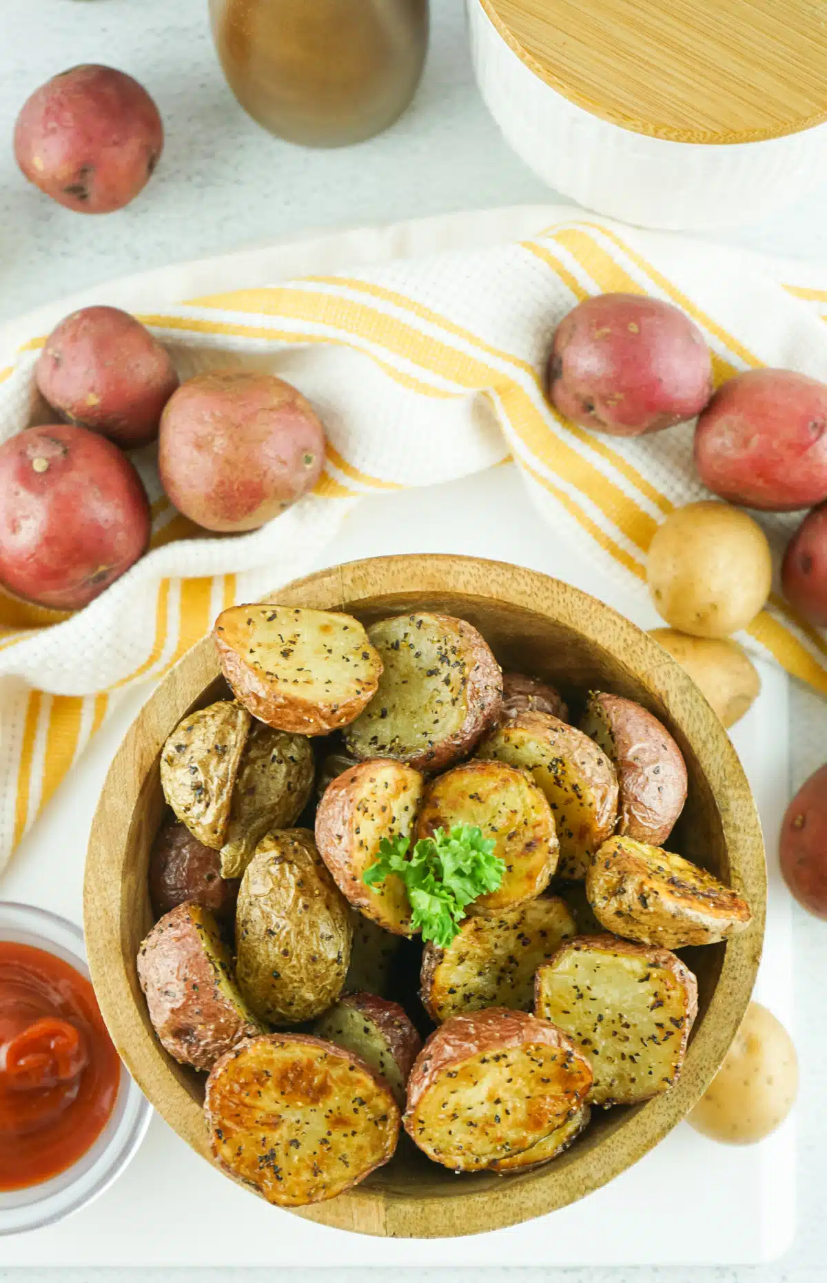 overhead photo of roasted potatoes
