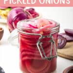 pickled onions in a jar with text overlay