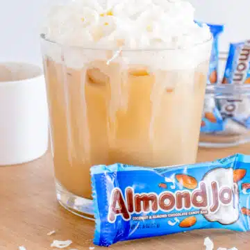 iced almond joy latte with candy bar