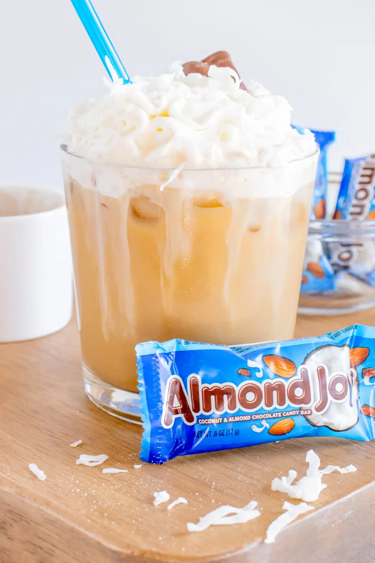 iced almond joy latte with candy bar