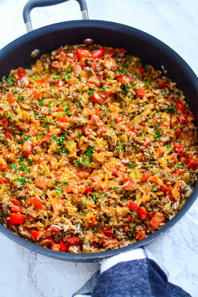 beef and rice dinenr in a skillet