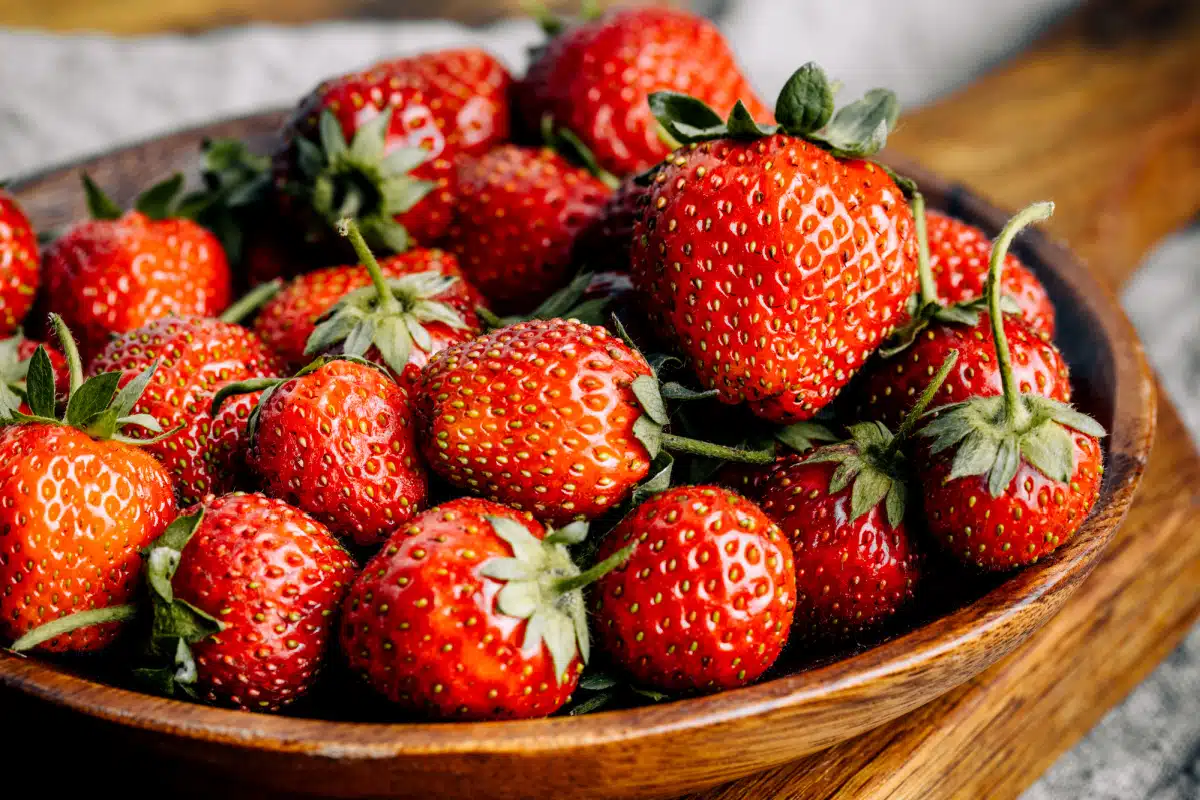 strawberries in a wooden bowl