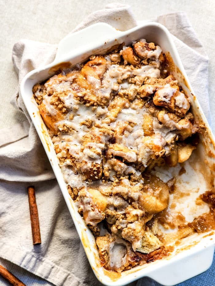 overhead photo of cinnamon apple crumble in a baking dish