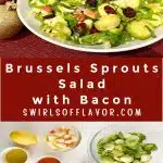Brussels sprout salad in bowl and ingredients photo with text overlay
