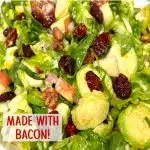 brussel sprouts salad with bacon in a dish with text overlay